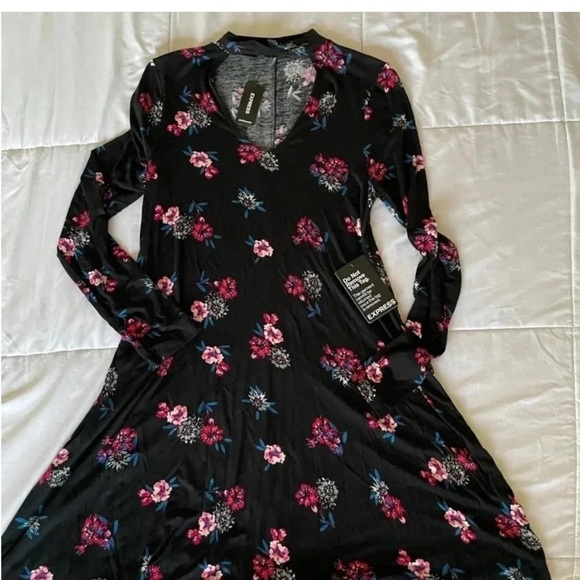 Express Black and Pink Long Sleeve V-Neck Choker Sundress - Picture 2 of 6